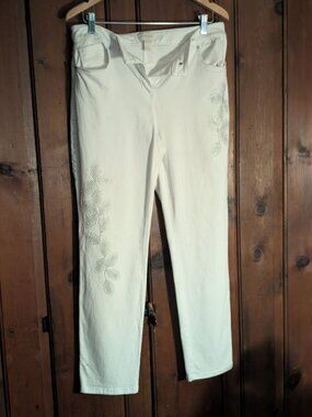 Chico's Jeans  - White Floral Embellished Front Pants  - Color: White -Sz1